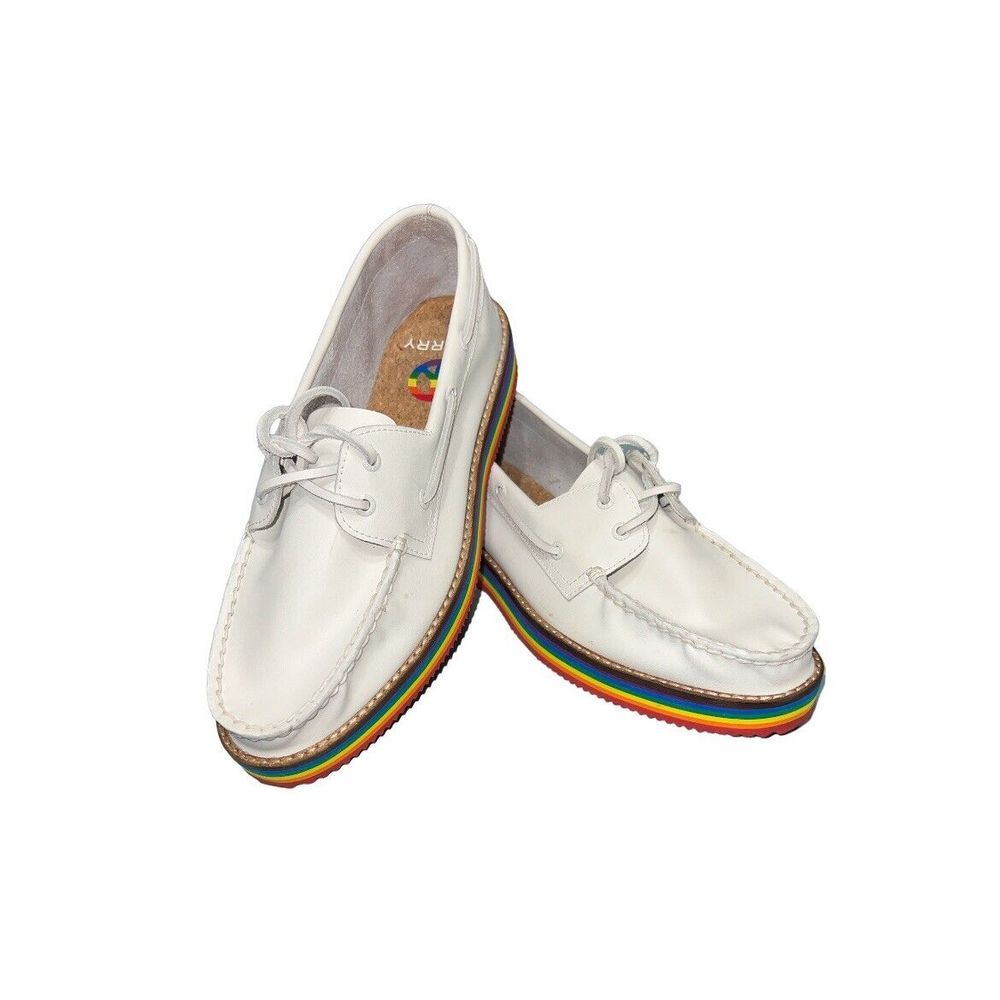 Sperry Top-Sider Pride Size 9 Boat Shoes White Rainbow‎ Leather